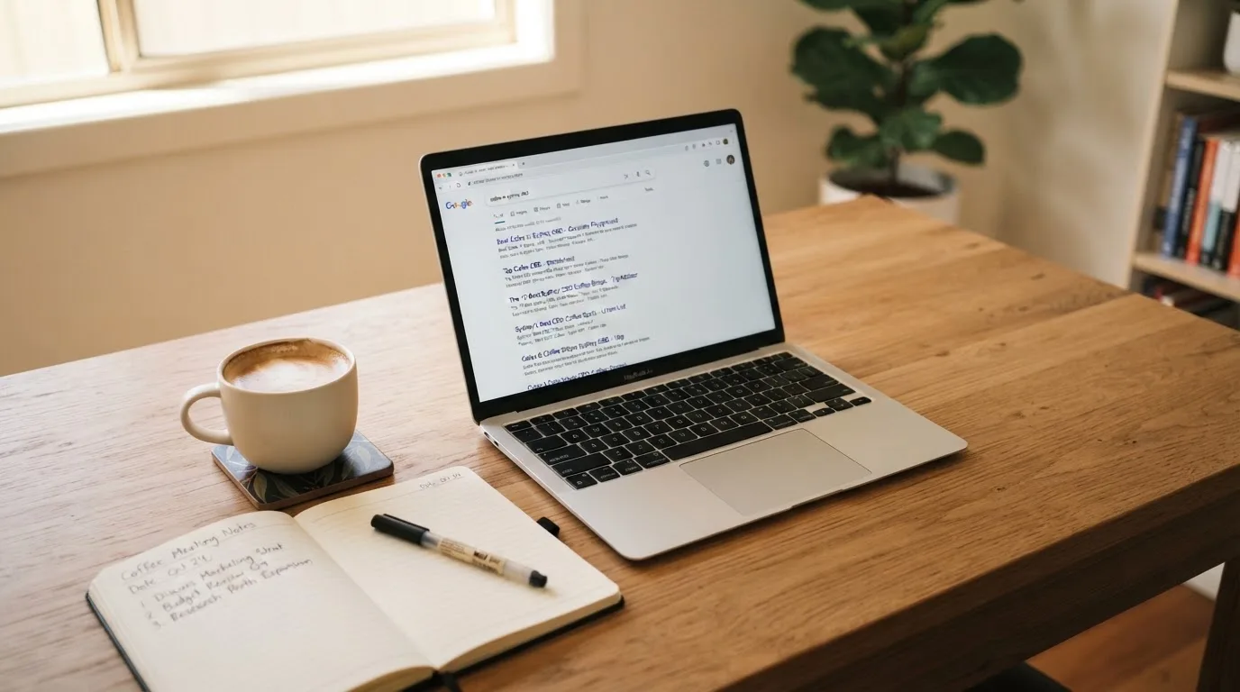 A tidy desk with a laptop open on a plain search-results page, a notebook and a coffee cup beside it, no screens showing any casino branding.