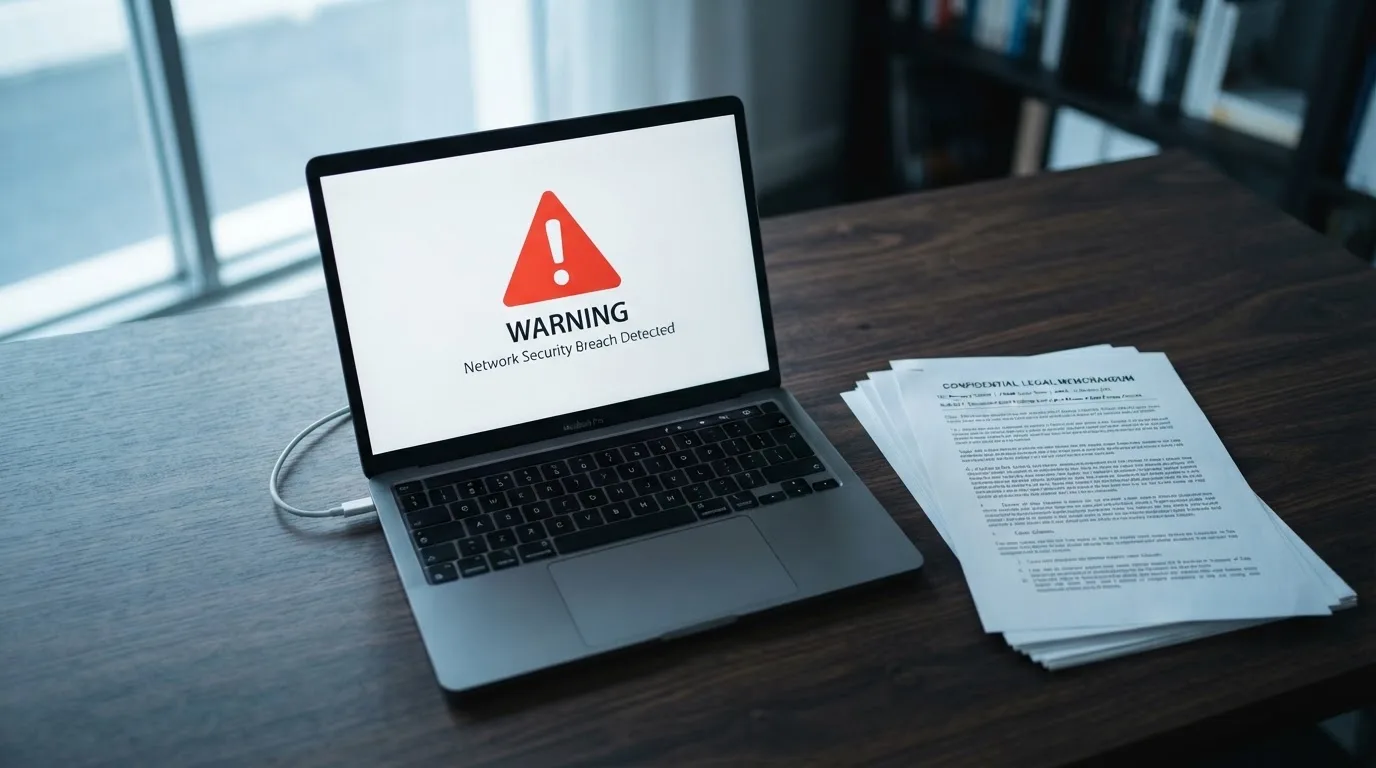 A red triangular warning sign icon on a laptop screen next to a stack of legal papers, symbolising an official caution rather than any specific website.