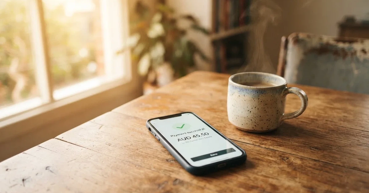 A smartphone screen showing a generic bank-transfer confirmation tick, held over a kitchen table.
