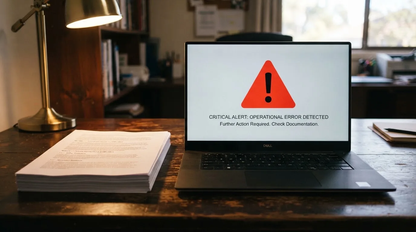 A red triangular warning sign icon on a laptop screen next to a stack of legal papers, symbolising an official caution rather than any specific website.