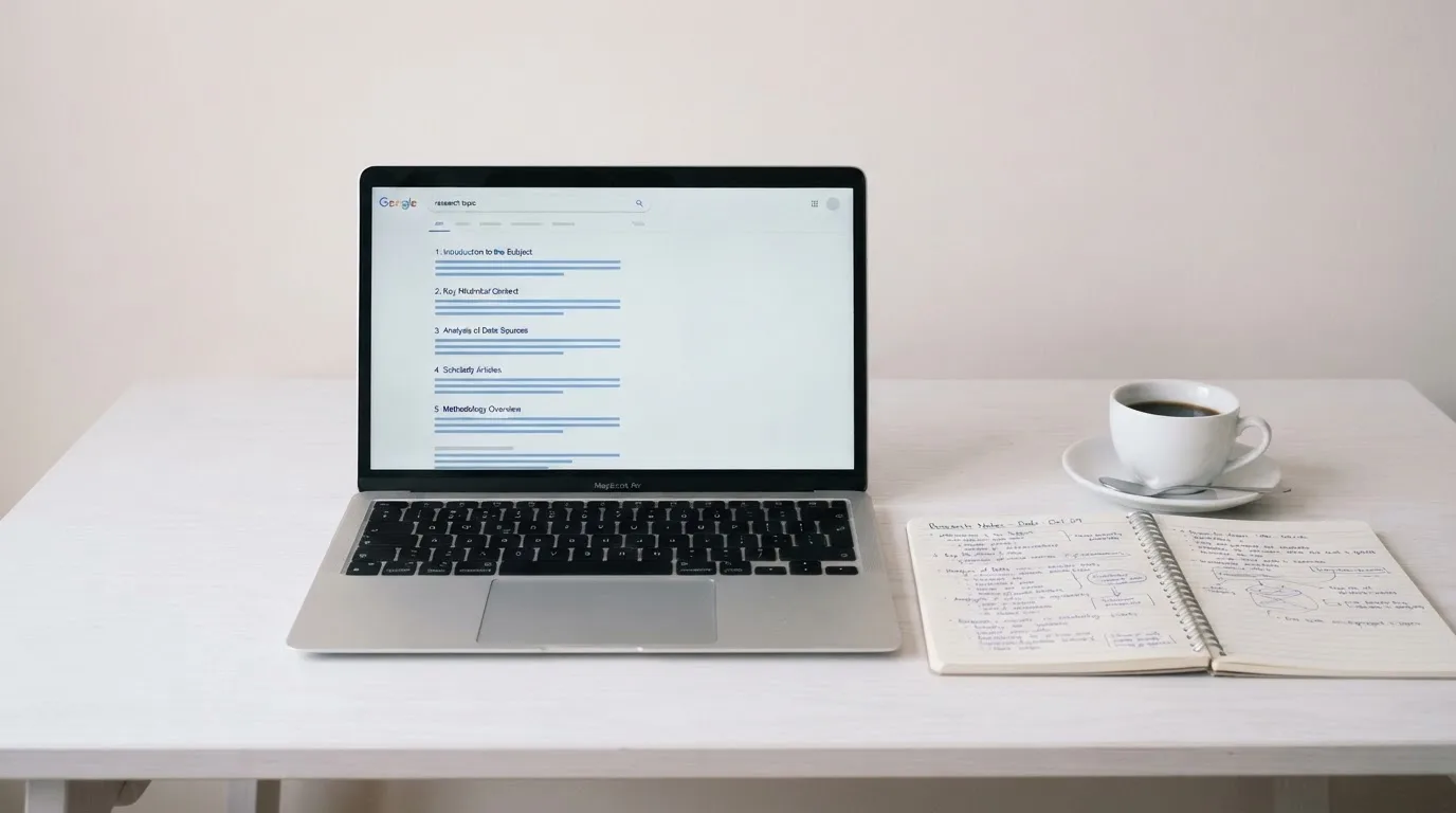 A tidy desk with a laptop open on a plain search-results page, a notebook and a coffee cup beside it, no screens showing any casino branding.