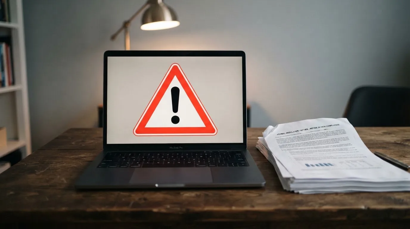 A red triangular warning sign icon on a laptop screen next to a stack of legal papers, symbolising an official caution rather than any specific website.