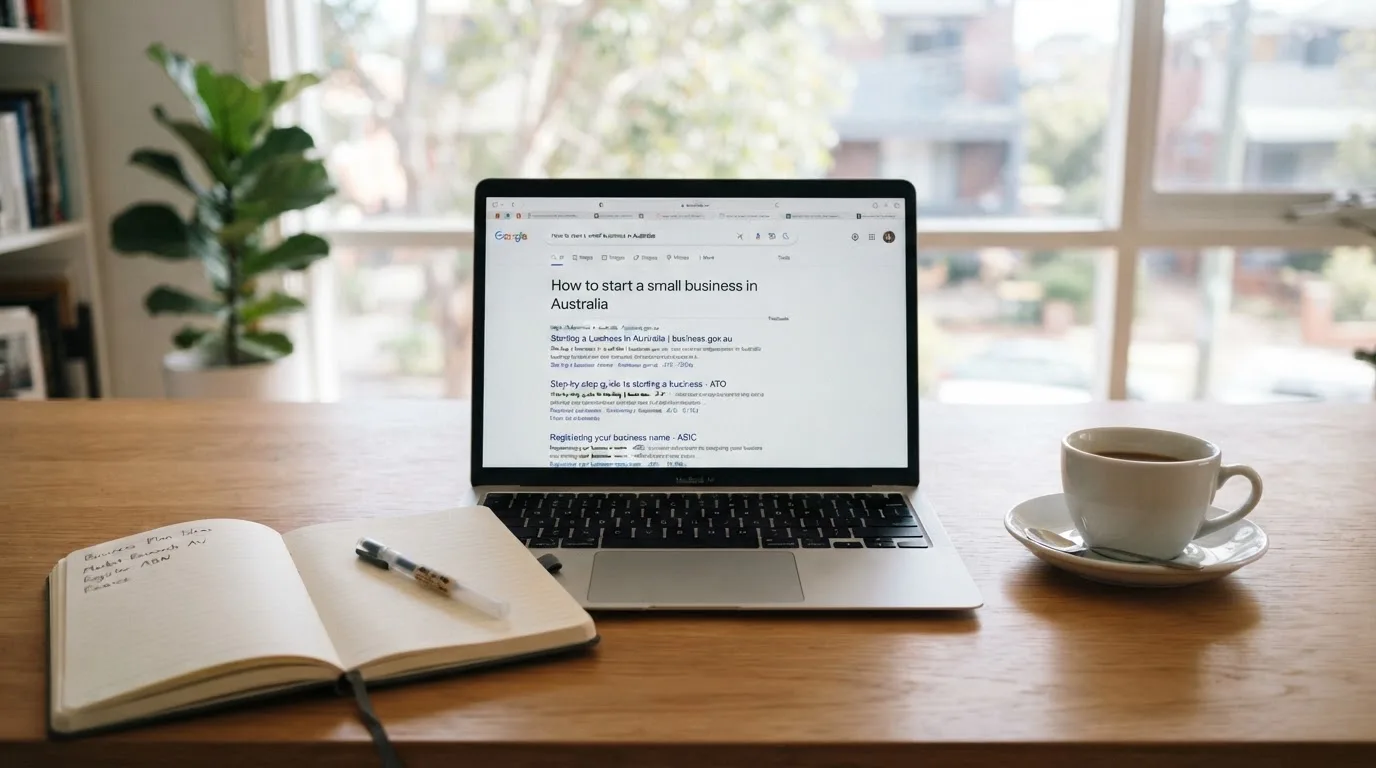 A tidy desk with a laptop open on a plain search-results page, a notebook and a coffee cup beside it, no screens showing any casino branding.
