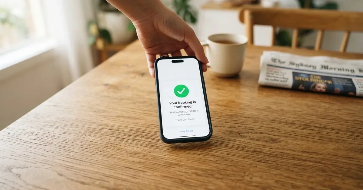 A smartphone screen showing a generic bank-transfer confirmation tick, held over a kitchen table.