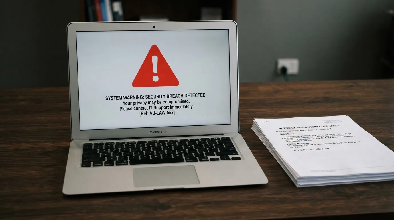 A red triangular warning sign icon on a laptop screen next to a stack of legal papers, symbolising an official caution rather than any specific website.