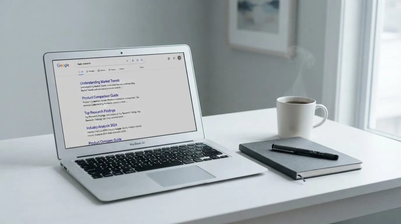 A tidy desk with a laptop open on a plain search-results page, a notebook and a coffee cup beside it, no screens showing any casino branding.