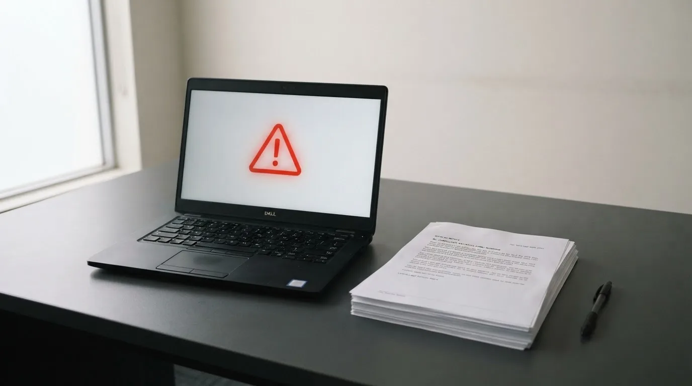 A red triangular warning sign icon on a laptop screen next to a stack of legal papers, symbolising an official caution rather than any specific website.