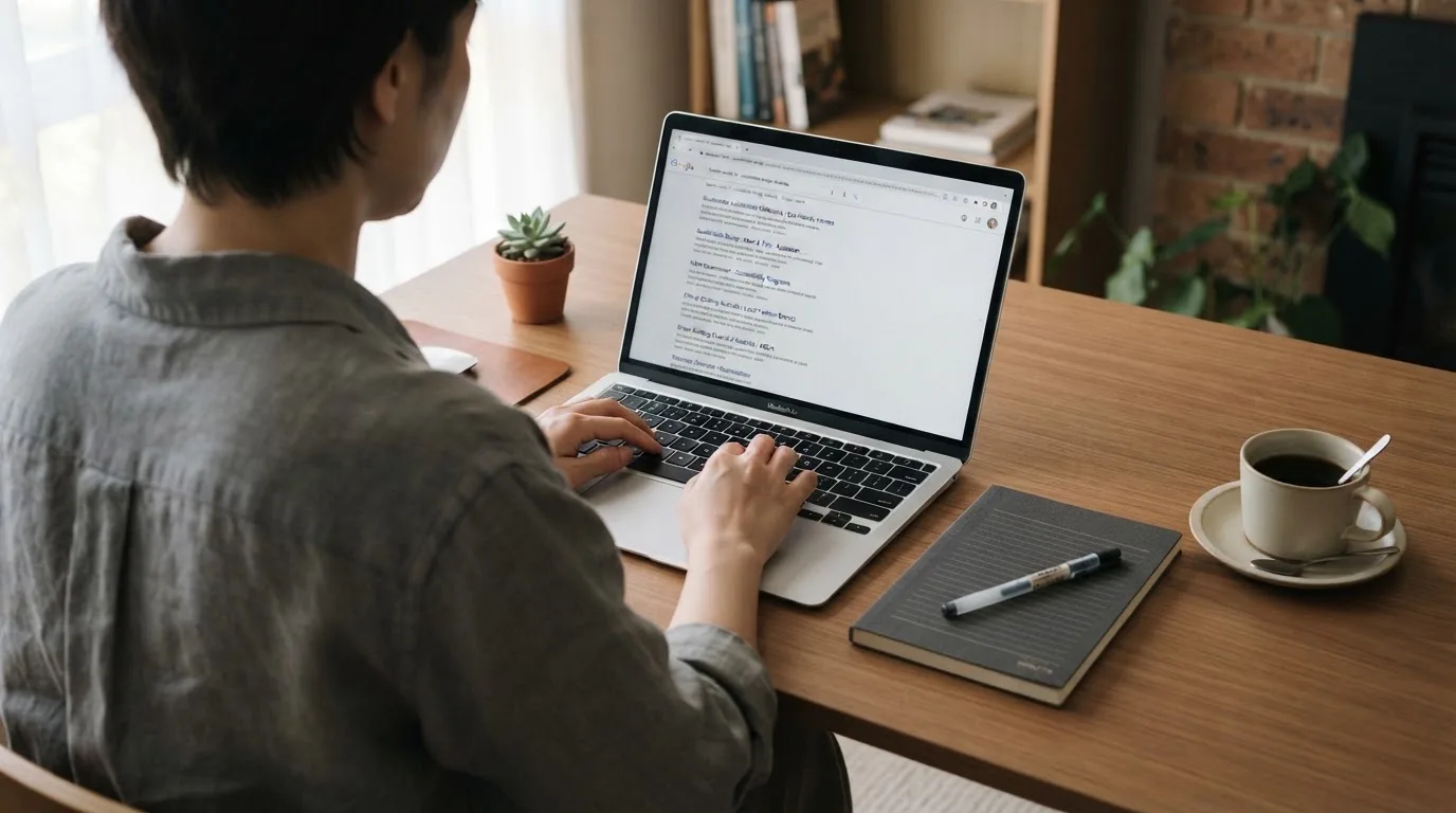 A tidy desk with a laptop open on a plain search-results page, a notebook and a coffee cup beside it, no screens showing any casino branding.