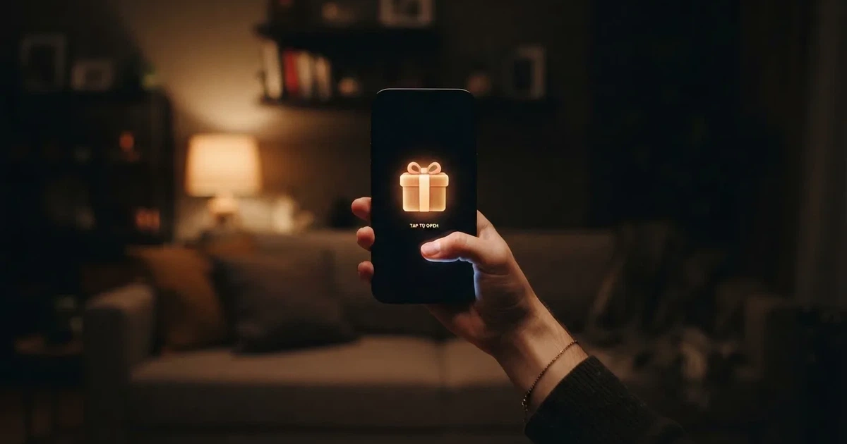 A gift box icon glowing on a phone screen, held at arm's length, suggesting an unopened offer rather than an active game.