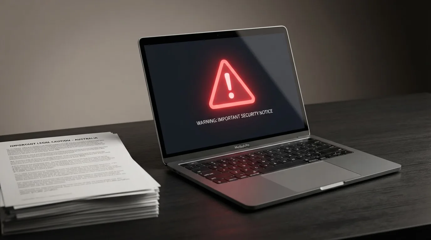 A red triangular warning sign icon on a laptop screen next to a stack of legal papers, symbolising an official caution rather than any specific website.