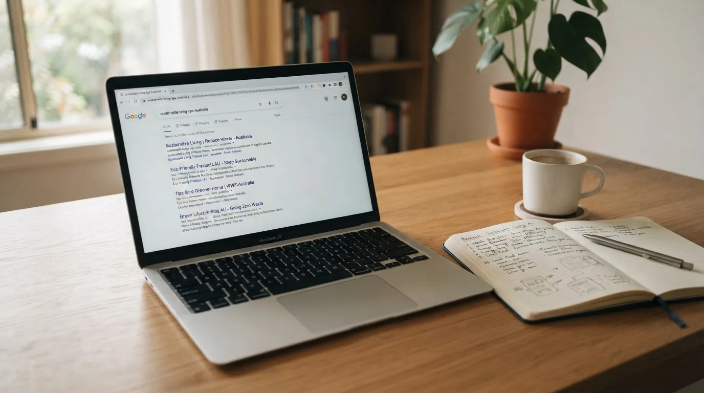 A tidy desk with a laptop open on a plain search-results page, a notebook and a coffee cup beside it, no screens showing any casino branding.