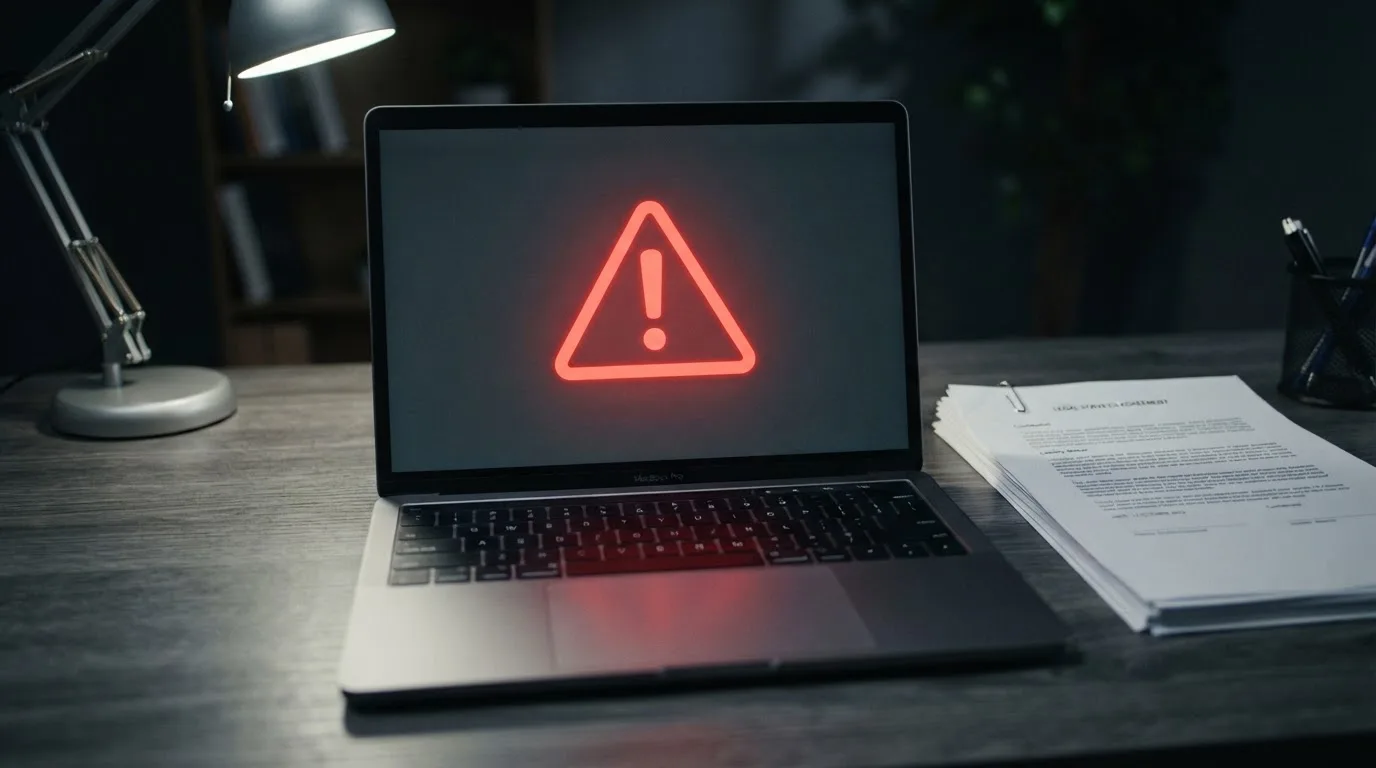 A red triangular warning sign icon on a laptop screen next to a stack of legal papers, symbolising an official caution rather than any specific website.