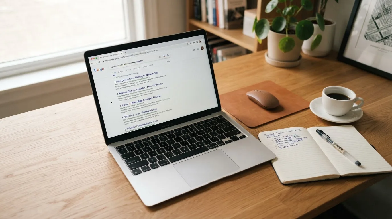A tidy desk with a laptop open on a plain search-results page, a notebook and a coffee cup beside it, no screens showing any casino branding.