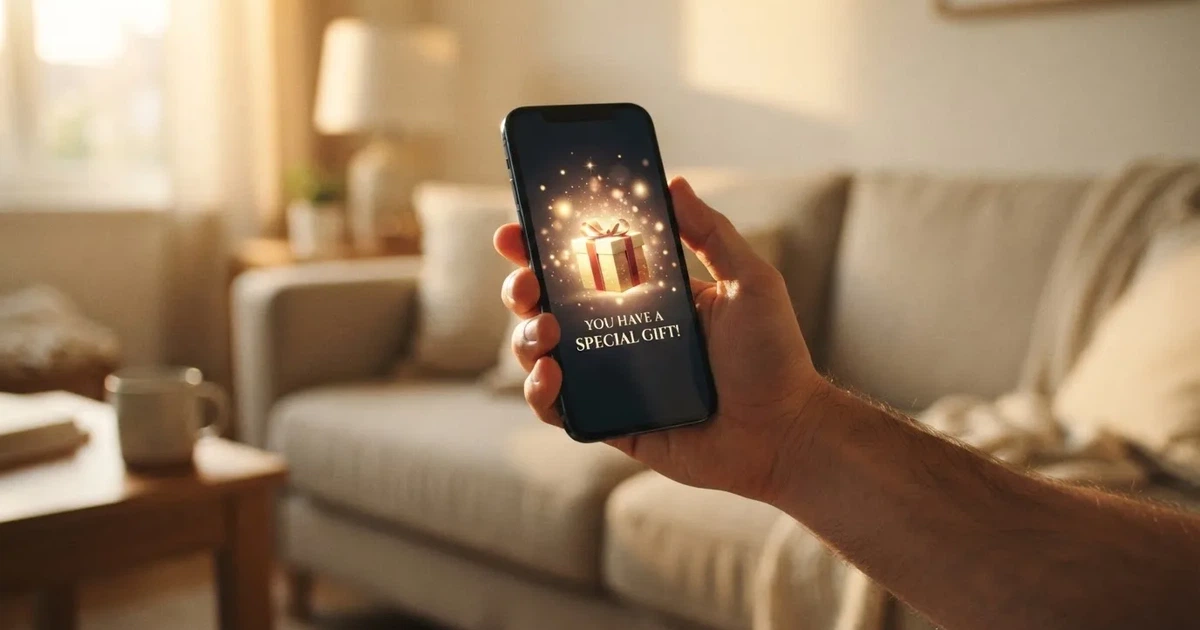 A gift box icon glowing on a phone screen, held at arm's length, suggesting an unopened offer rather than an active game.