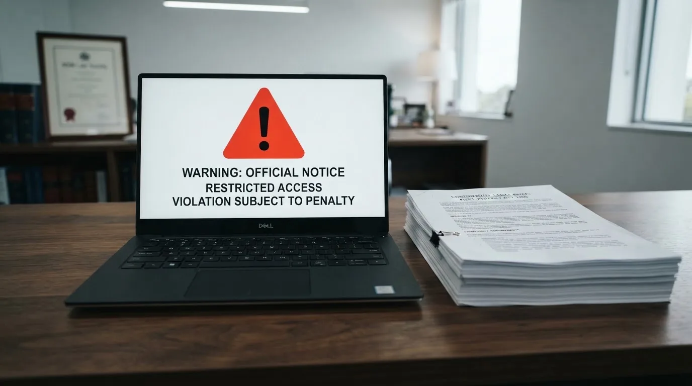 A red triangular warning sign icon on a laptop screen next to a stack of legal papers, symbolising an official caution rather than any specific website.