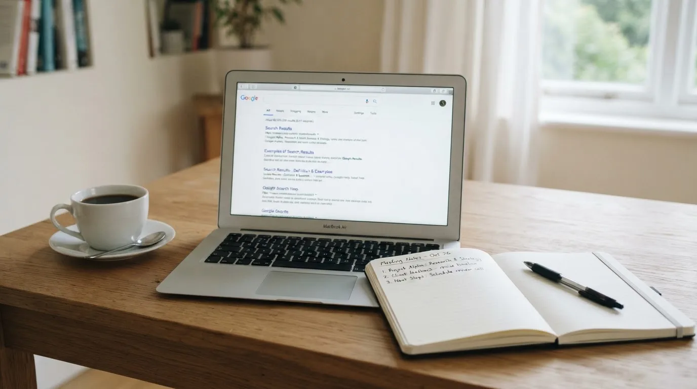 A tidy desk with a laptop open on a plain search-results page, a notebook and a coffee cup beside it, no screens showing any casino branding.