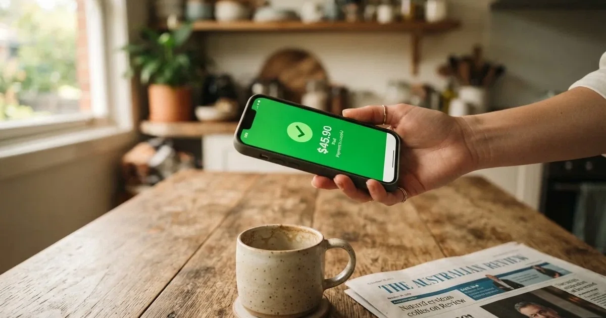 A smartphone screen showing a generic bank-transfer confirmation tick, held over a kitchen table.