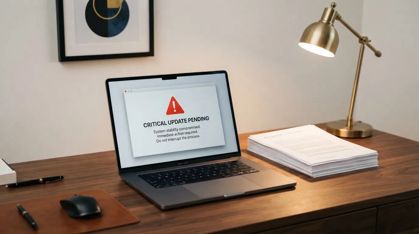 A red triangular warning sign icon on a laptop screen next to a stack of legal papers, symbolising an official caution rather than any specific website.