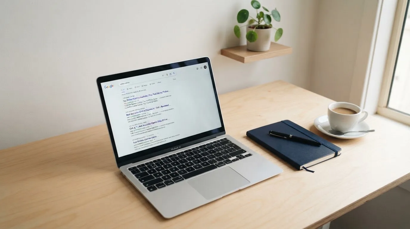 A tidy desk with a laptop open on a plain search-results page, a notebook and a coffee cup beside it, no screens showing any casino branding.