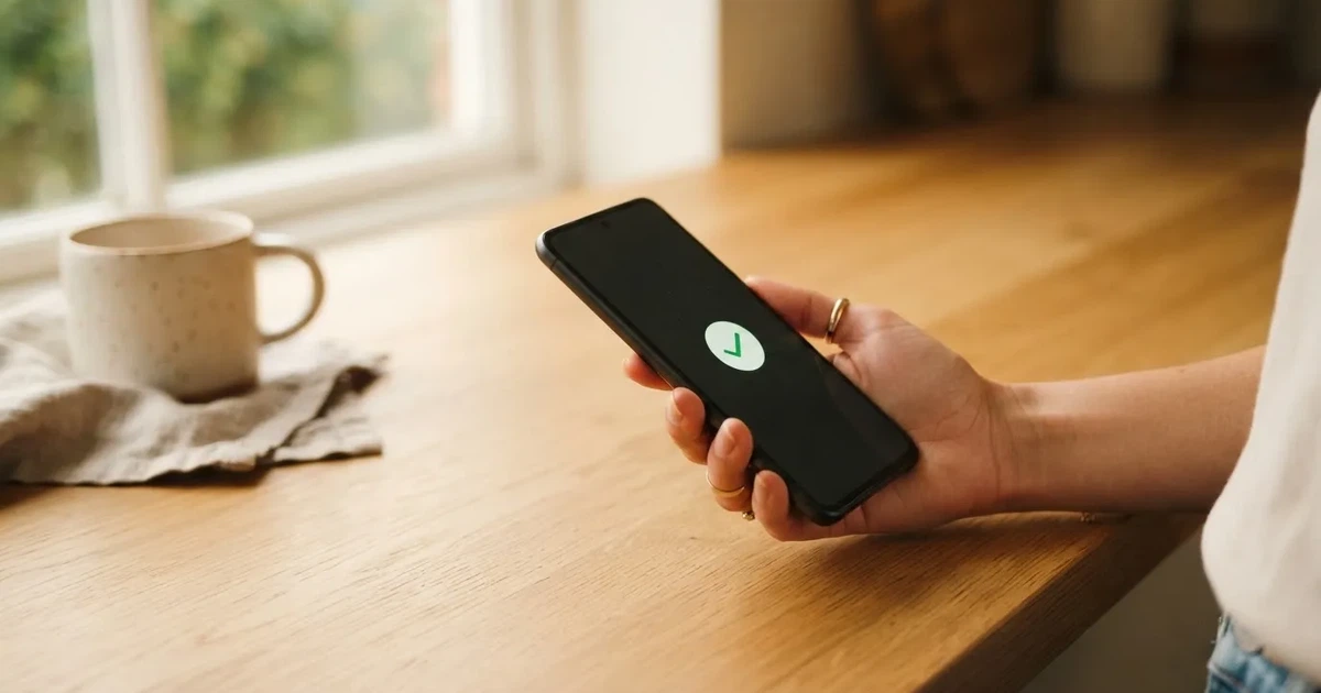 A smartphone screen showing a generic bank-transfer confirmation tick, held over a kitchen table.