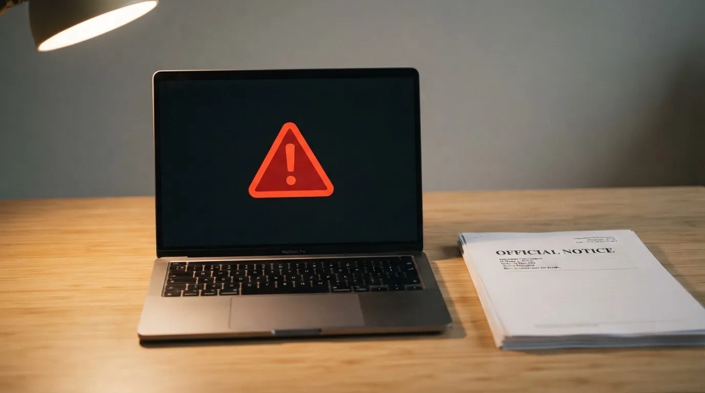 A red triangular warning sign icon on a laptop screen next to a stack of legal papers, symbolising an official caution rather than any specific website.