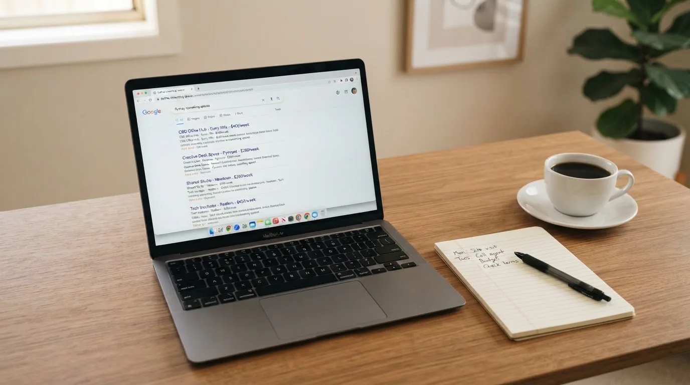 A tidy desk with a laptop open on a plain search-results page, a notebook and a coffee cup beside it, no screens showing any casino branding.