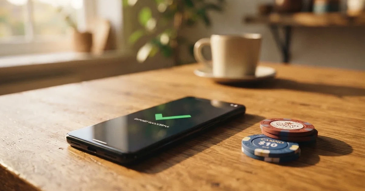 A smartphone screen showing a generic bank-transfer confirmation tick, held over a kitchen table.