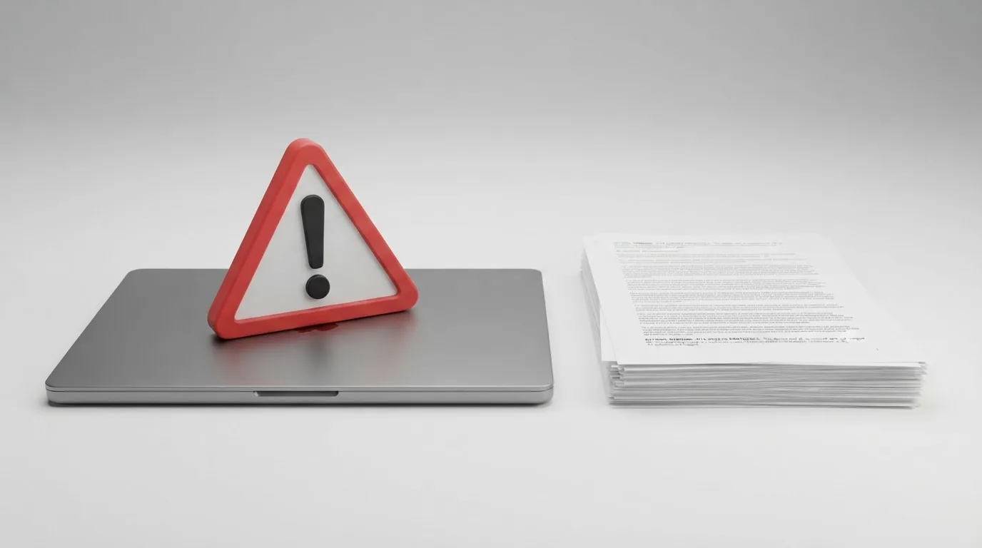 A red triangular warning sign icon on a laptop screen next to a stack of legal papers, symbolising an official caution rather than any specific website.
