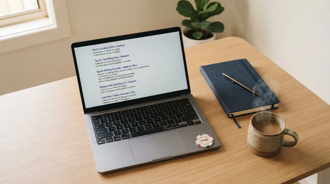 A tidy desk with a laptop open on a plain search-results page, a notebook and a coffee cup beside it, no screens showing any casino branding.