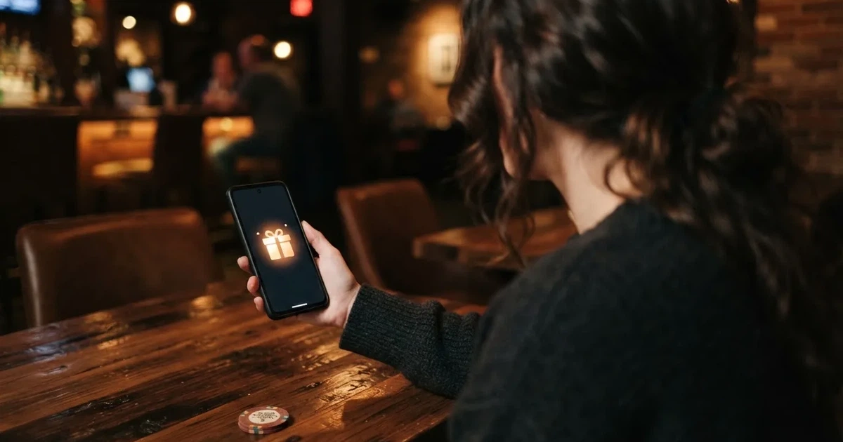 A gift box icon glowing on a phone screen, held at arm's length, suggesting an unopened offer rather than an active game.