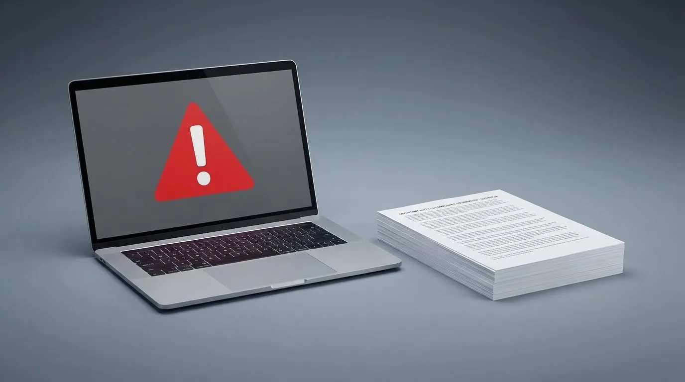 A red triangular warning sign icon on a laptop screen next to a stack of legal papers, symbolising an official caution rather than any specific website.