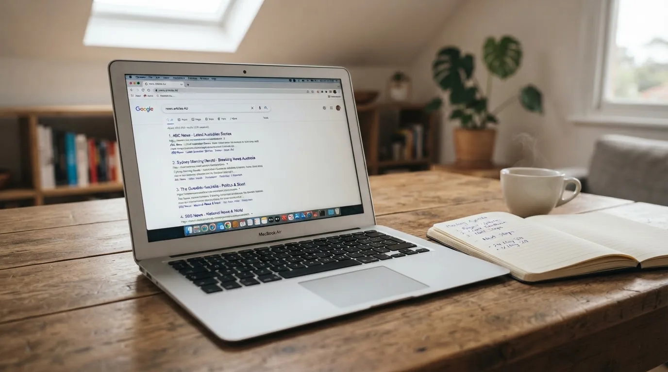 A tidy desk with a laptop open on a plain search-results page, a notebook and a coffee cup beside it, no screens showing any casino branding.