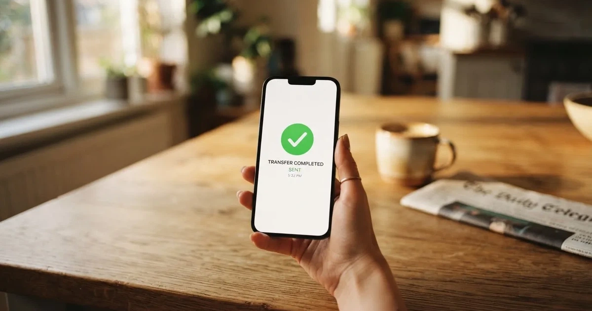 A smartphone screen showing a generic bank-transfer confirmation tick, held over a kitchen table.