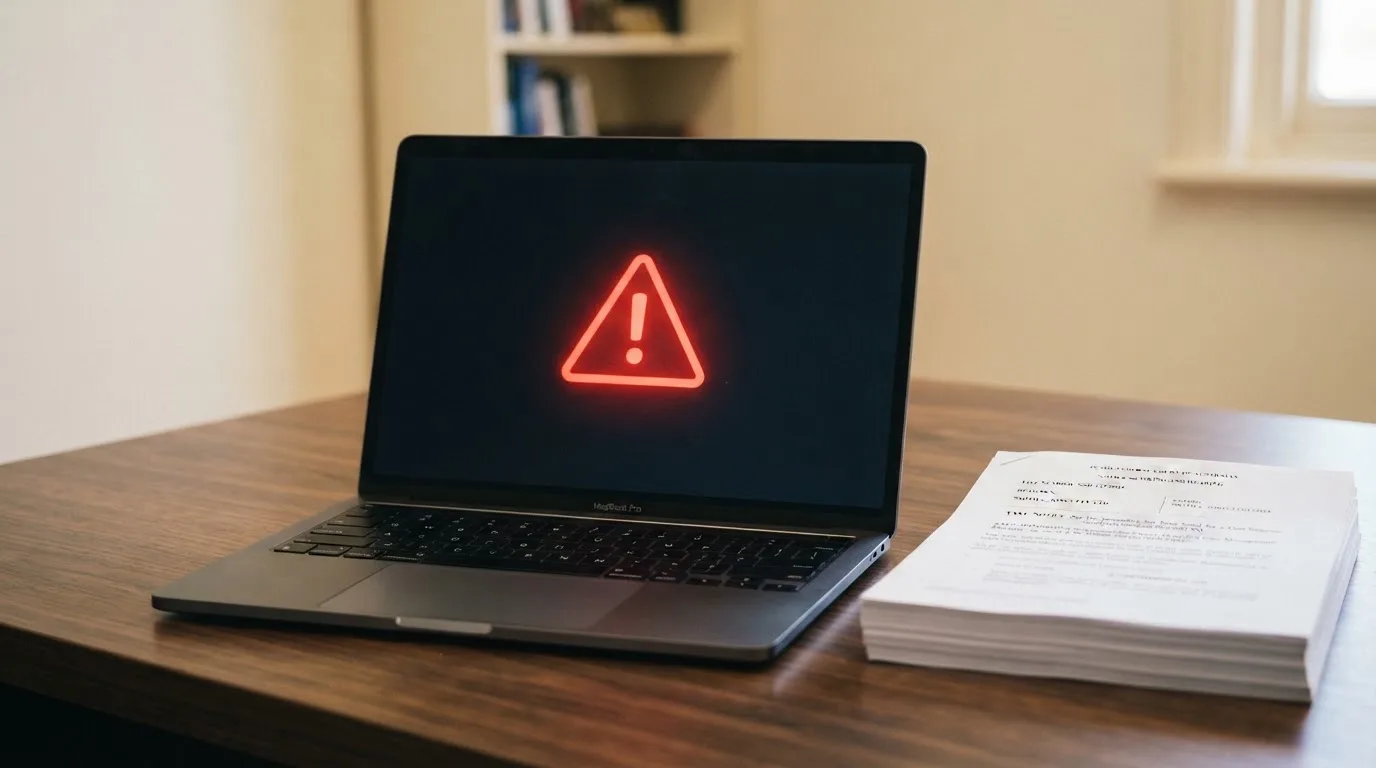 A red triangular warning sign icon on a laptop screen next to a stack of legal papers, symbolising an official caution rather than any specific website.