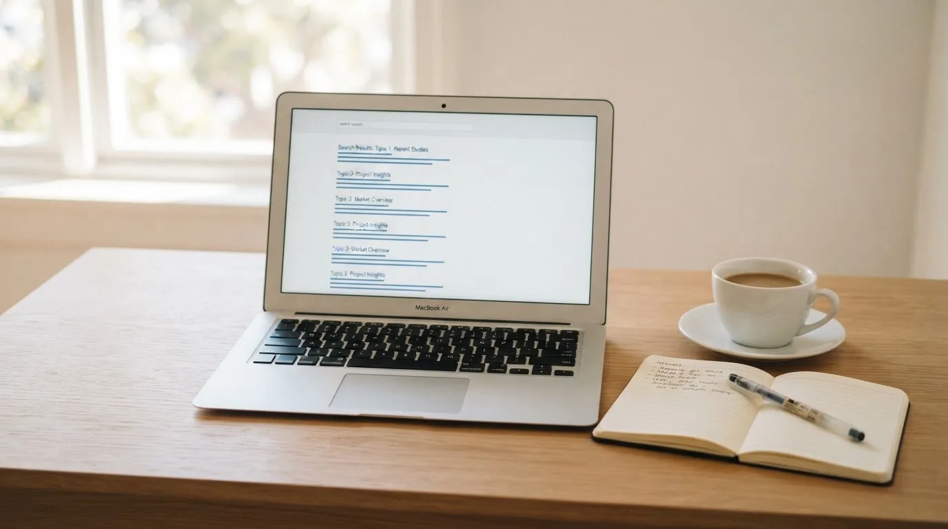 A tidy desk with a laptop open on a plain search-results page, a notebook and a coffee cup beside it, no screens showing any casino branding.