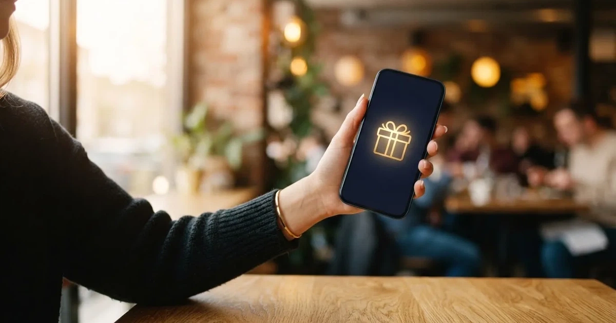 A gift box icon glowing on a phone screen, held at arm's length, suggesting an unopened offer rather than an active game.