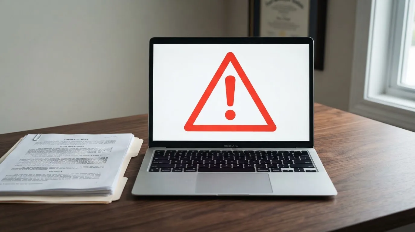 A red triangular warning sign icon on a laptop screen next to a stack of legal papers, symbolising an official caution rather than any specific website.