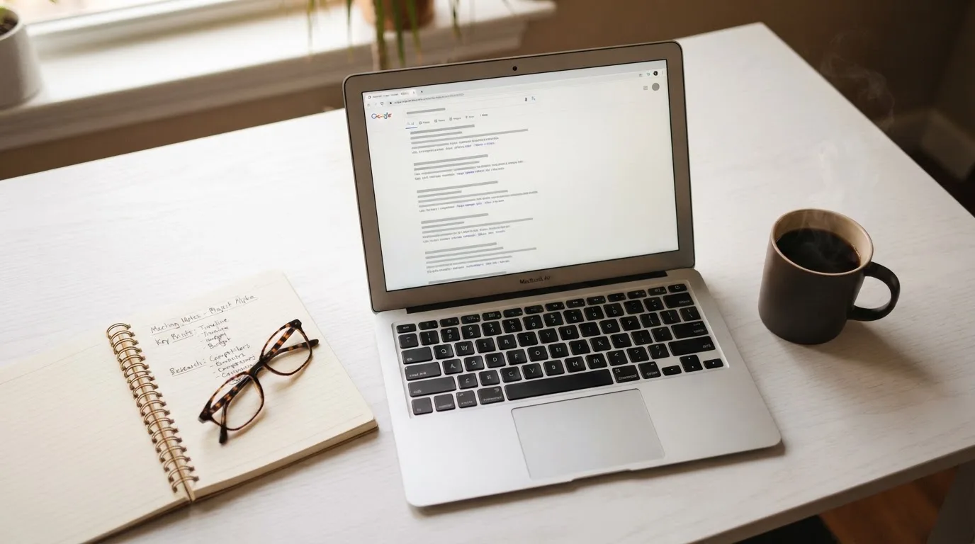 A tidy desk with a laptop open on a plain search-results page, a notebook and a coffee cup beside it, no screens showing any casino branding.