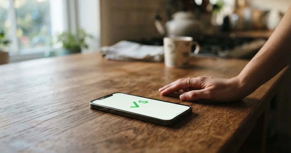 A smartphone screen showing a generic bank-transfer confirmation tick, held over a kitchen table.