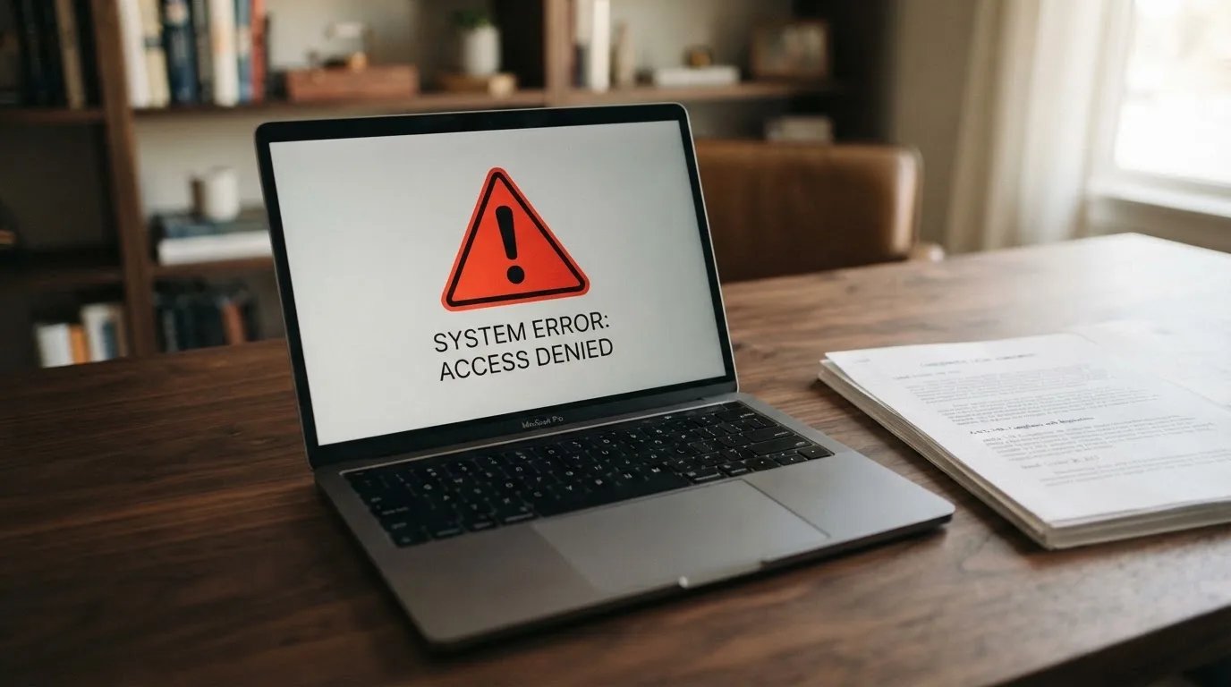 A red triangular warning sign icon on a laptop screen next to a stack of legal papers, symbolising an official caution rather than any specific website.