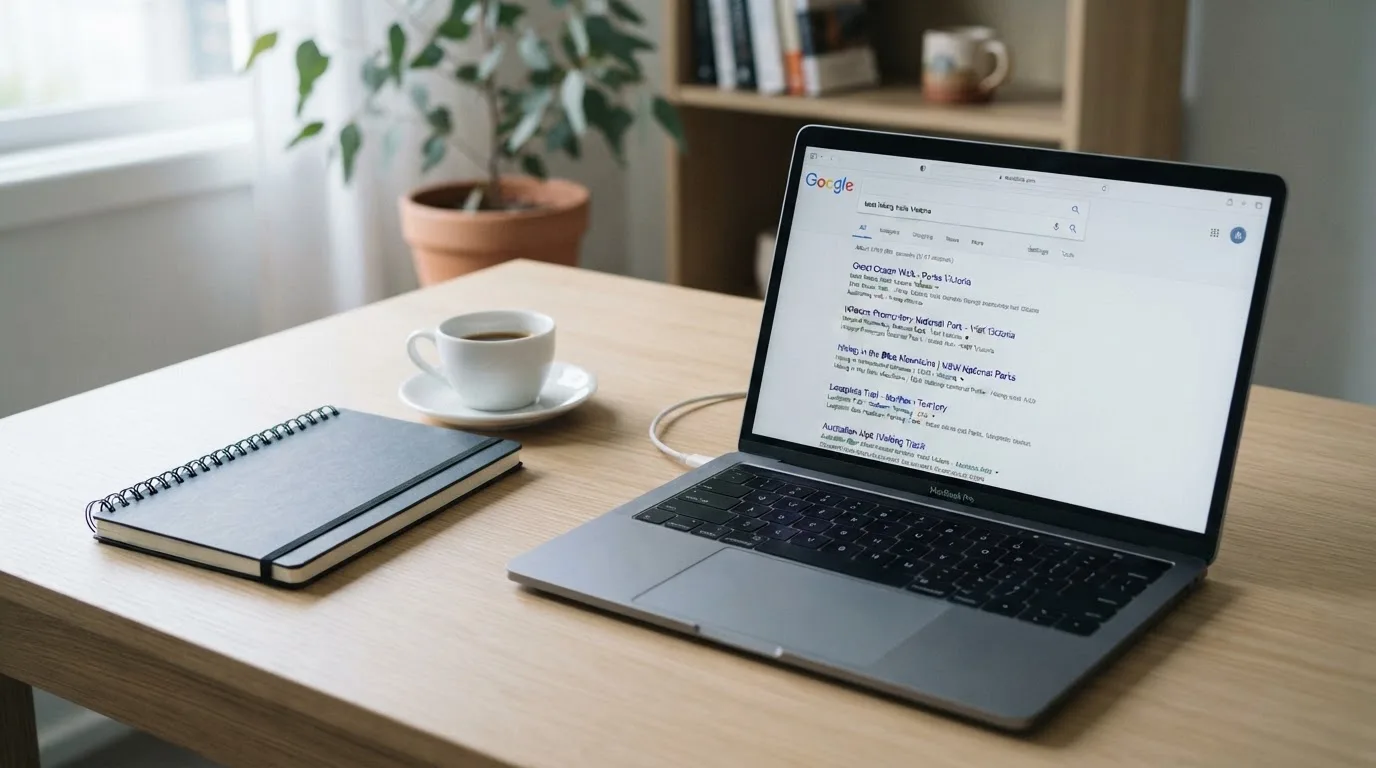 A tidy desk with a laptop open on a plain search-results page, a notebook and a coffee cup beside it, no screens showing any casino branding.