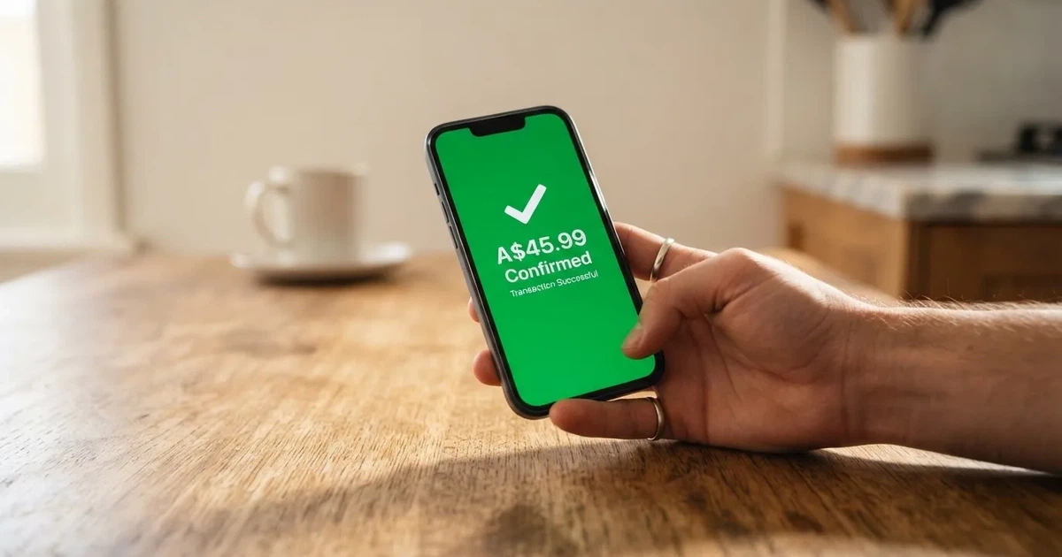 A smartphone screen showing a generic bank-transfer confirmation tick, held over a kitchen table.