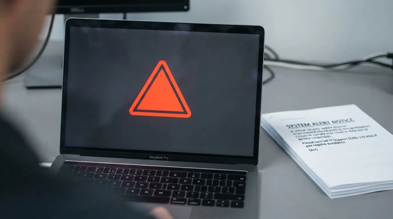 A red triangular warning sign icon on a laptop screen next to a stack of legal papers, symbolising an official caution rather than any specific website.