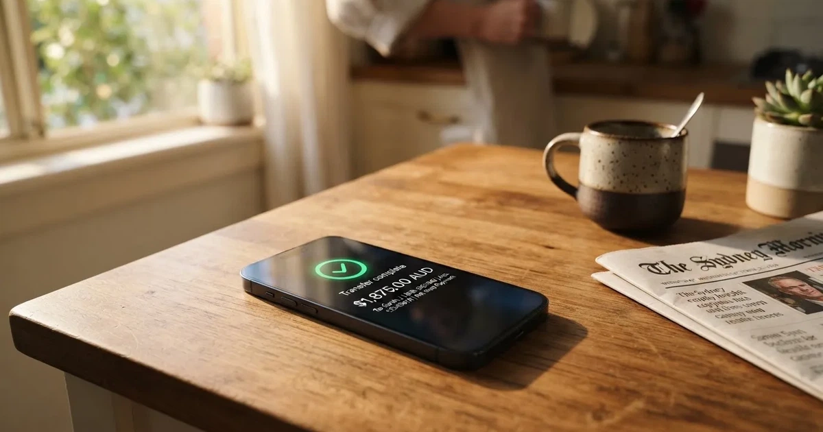 A smartphone screen showing a generic bank-transfer confirmation tick, held over a kitchen table.