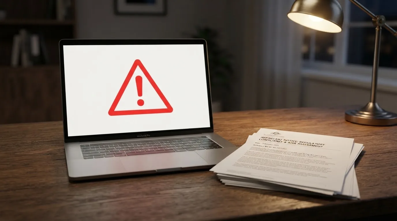 A red triangular warning sign icon on a laptop screen next to a stack of legal papers, symbolising an official caution rather than any specific website.