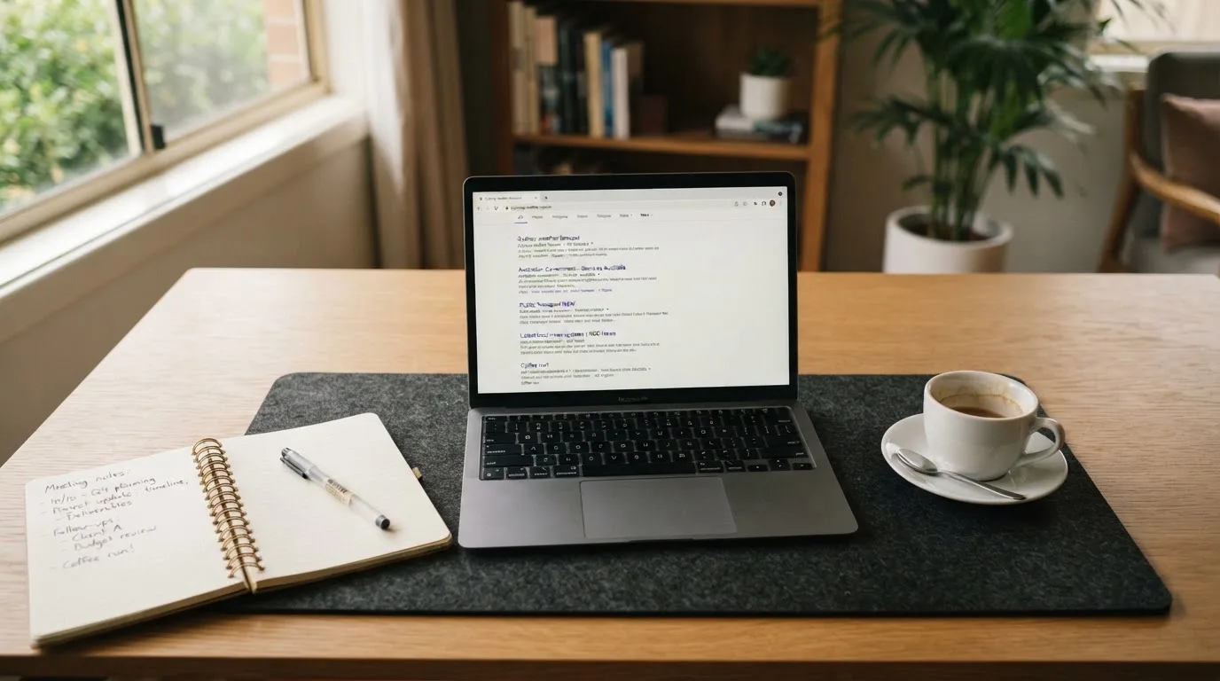 A tidy desk with a laptop open on a plain search-results page, a notebook and a coffee cup beside it, no screens showing any casino branding.