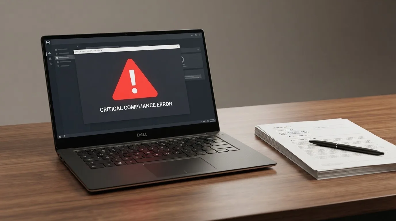A red triangular warning sign icon on a laptop screen next to a stack of legal papers, symbolising an official caution rather than any specific website.