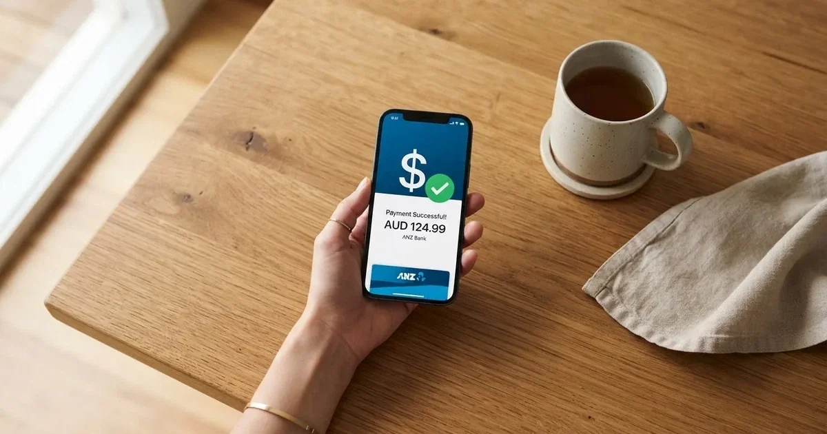 A smartphone screen showing a generic bank-transfer confirmation tick, held over a kitchen table.