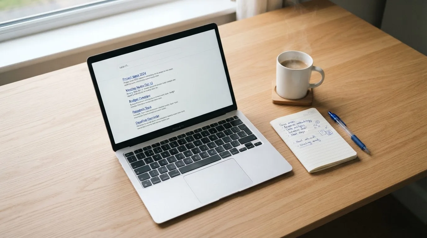 A tidy desk with a laptop open on a plain search-results page, a notebook and a coffee cup beside it, no screens showing any casino branding.