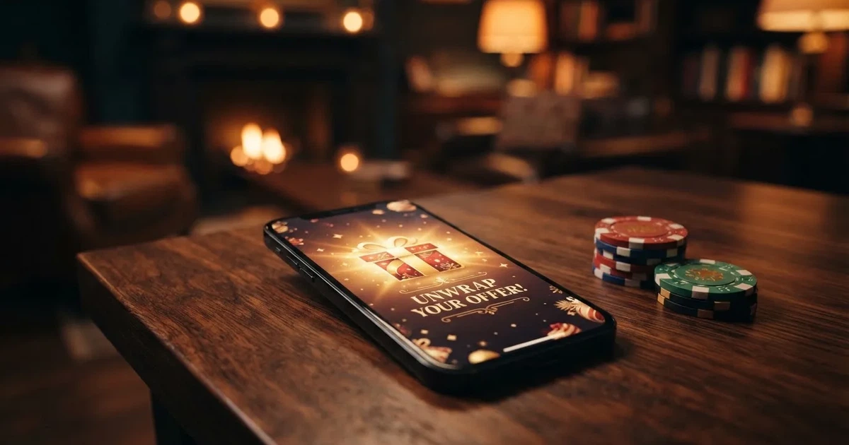 A gift box icon glowing on a phone screen, held at arm's length, suggesting an unopened offer rather than an active game.